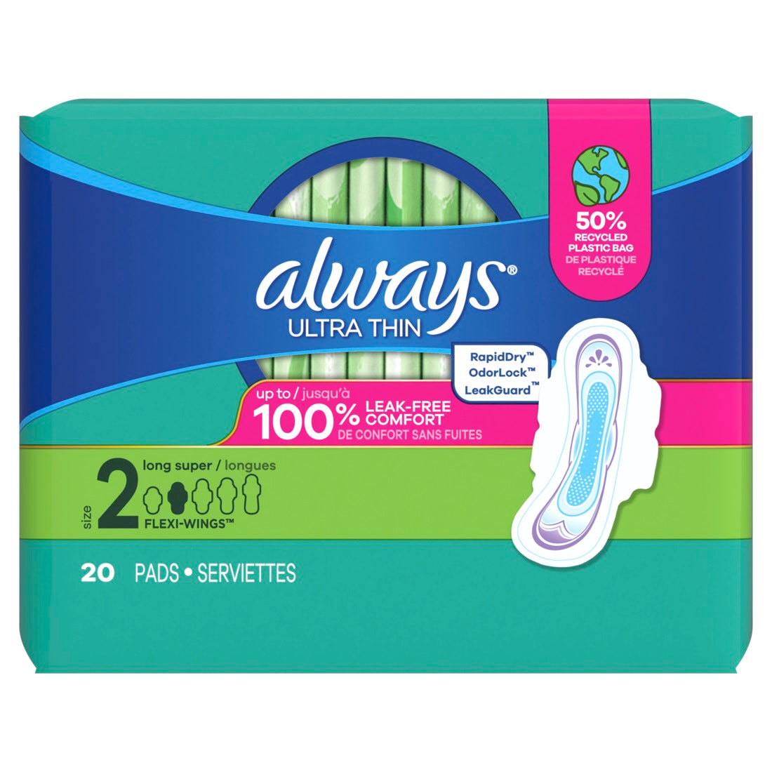 Always Ultra Thin Feminine Pads with Wings for Women Size 2 Long Super Absorbency Unscented - 20ct/12pk