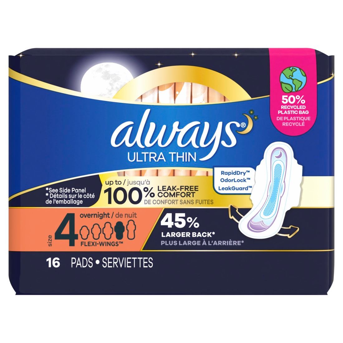 Always Ultra Thin Overnight Pads with Flexi-Wings Size 4 Overnight Unscented - 16ct/12pk