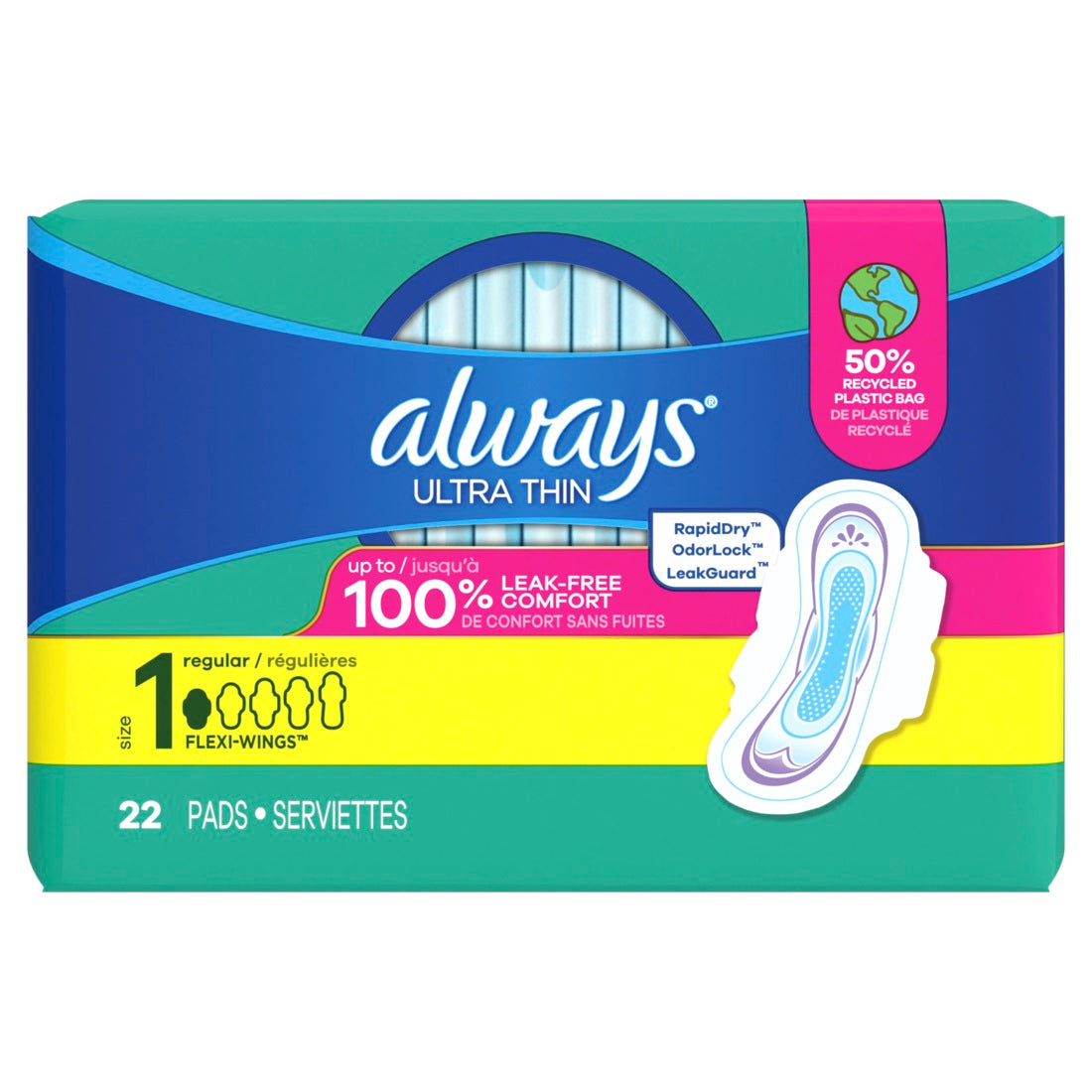 Always Ultra Thin Feminine Pads with Wings for Women Size 1 Regular Absorbency Unscented - 22ct/12pk