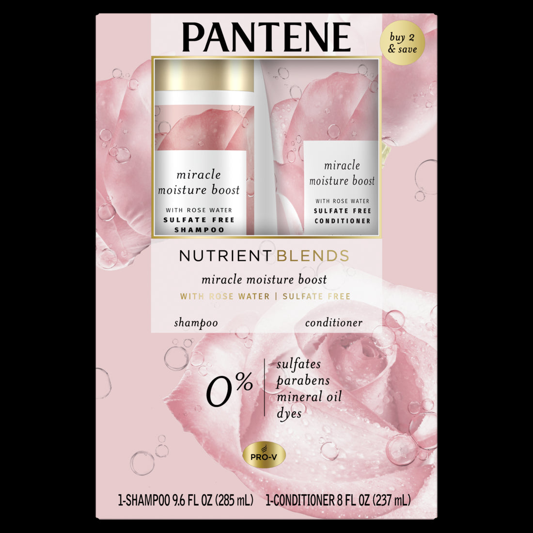 Pantene Sulfate Free Shampoo & Conditioner Set for Dry Damaged Hair Moisturizes with Rosewater - 8 & 9.6oz/4pk