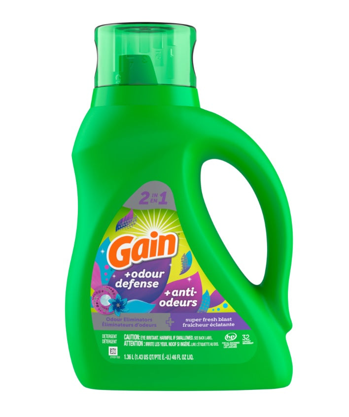 Gain + Odor Defense Liquid Laundry Detergent Super Fresh Blast Scent 32 Loads HE Compatible - 46oz/6pk