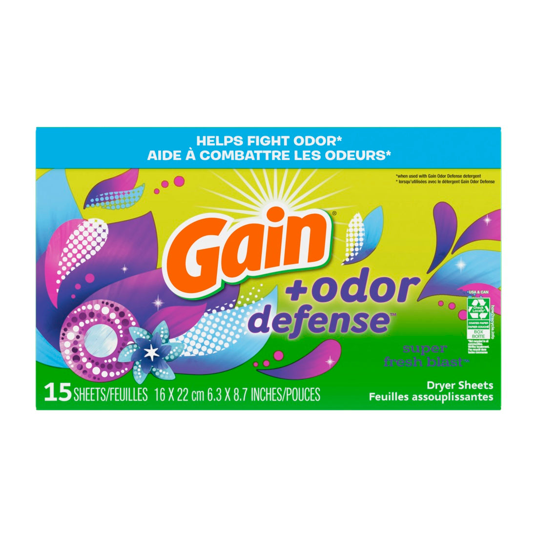 Gain + Odor Defense Dryer Super Fresh Blast Scent Fabric Softener Sheets - 15ct/15pk