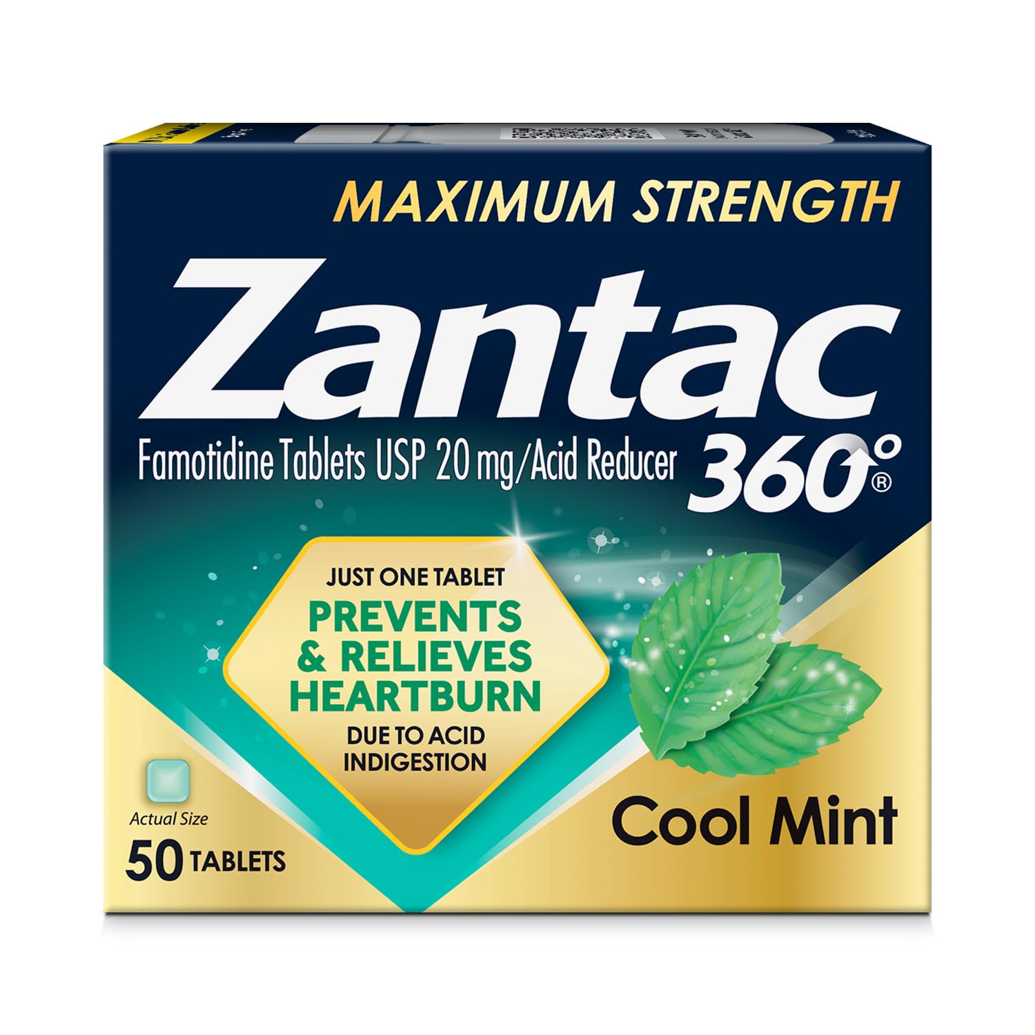 Zantac 360 Acid Reducer Tablets Cool Mint Flavor (20mg) - 50ct/24pk