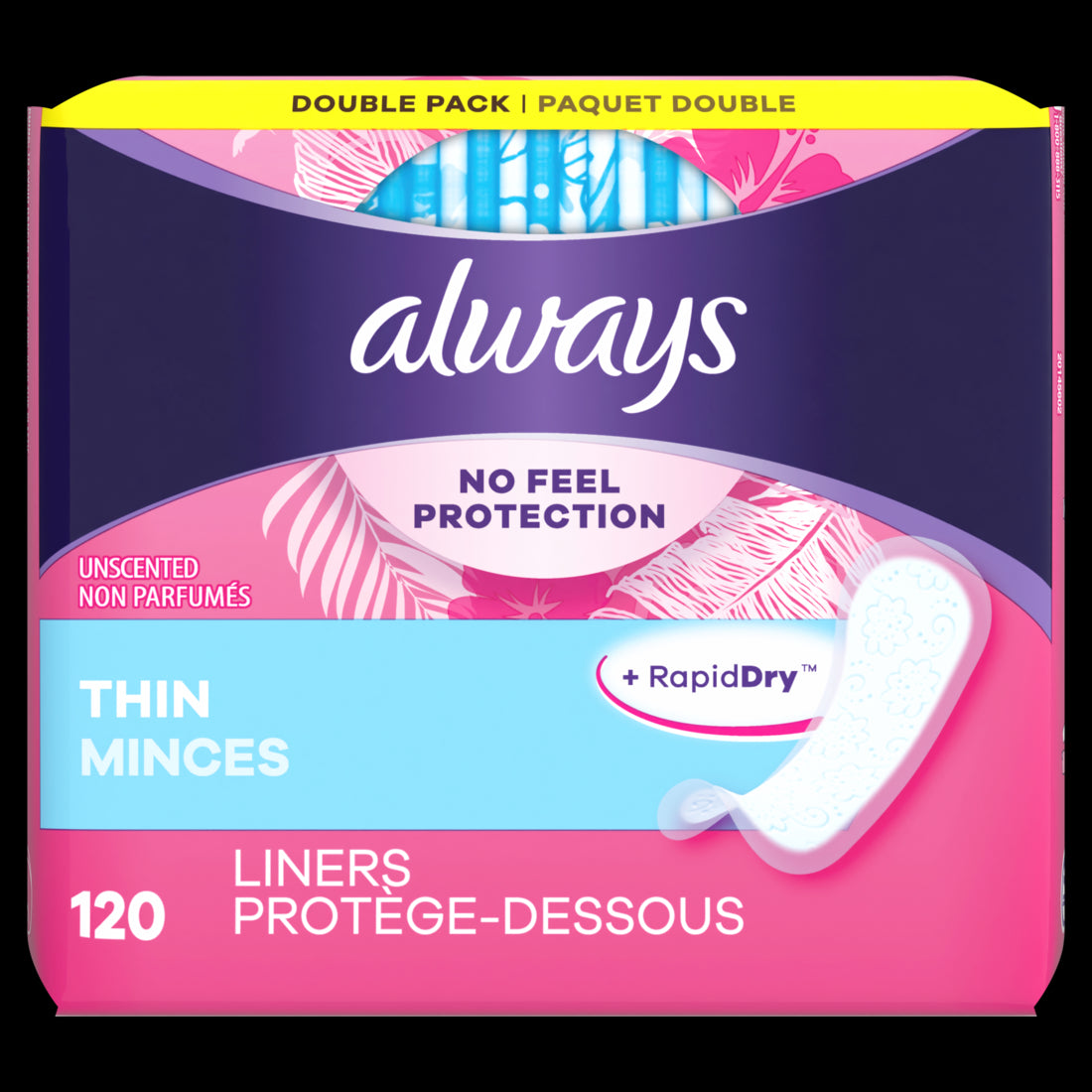 Always Thin No Feel Protection Daily Liners Regular Absorbency Unscented - 120ct/6pk