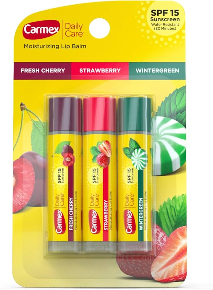 Carmex Daily Care Assorted Flavor Cherry Strawberry & Wintergreen with SPF15 Lip Balm Stick - 0.15oz/3ct/72pk