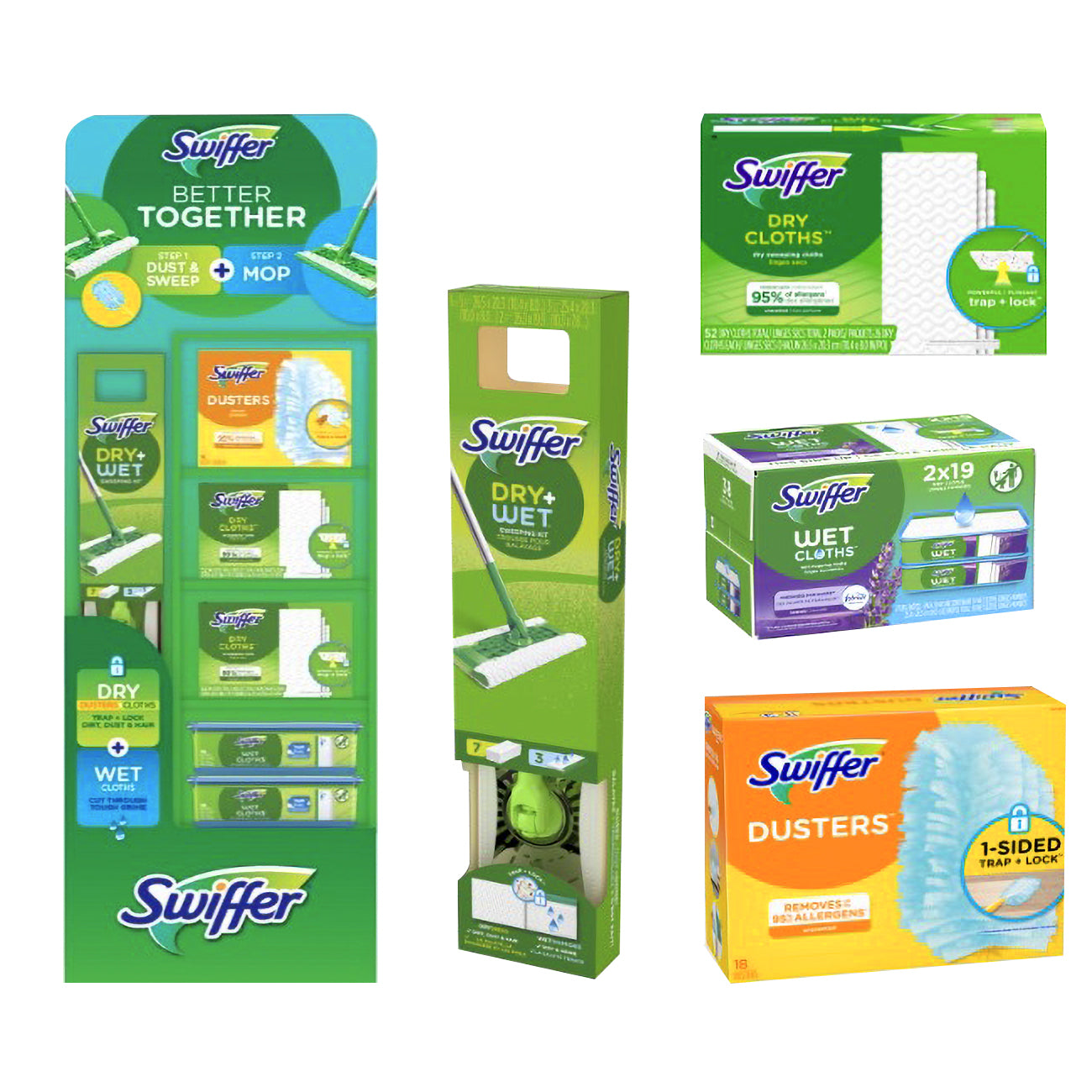 Swiffer Sweeper Dry & Wet Display ( Dry Cloth Refill 3ct, Broom & Mop Alternative - 5ct, Duster Refill 3ct , Wet Cloth Refill Lavender 4ct ) - 15ct