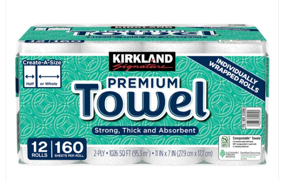 Kirkland Signature Create-a-Size Paper Towels 2-ply/160-Sheets/12-Individually Wrapped Rolls - 12ct/1pk