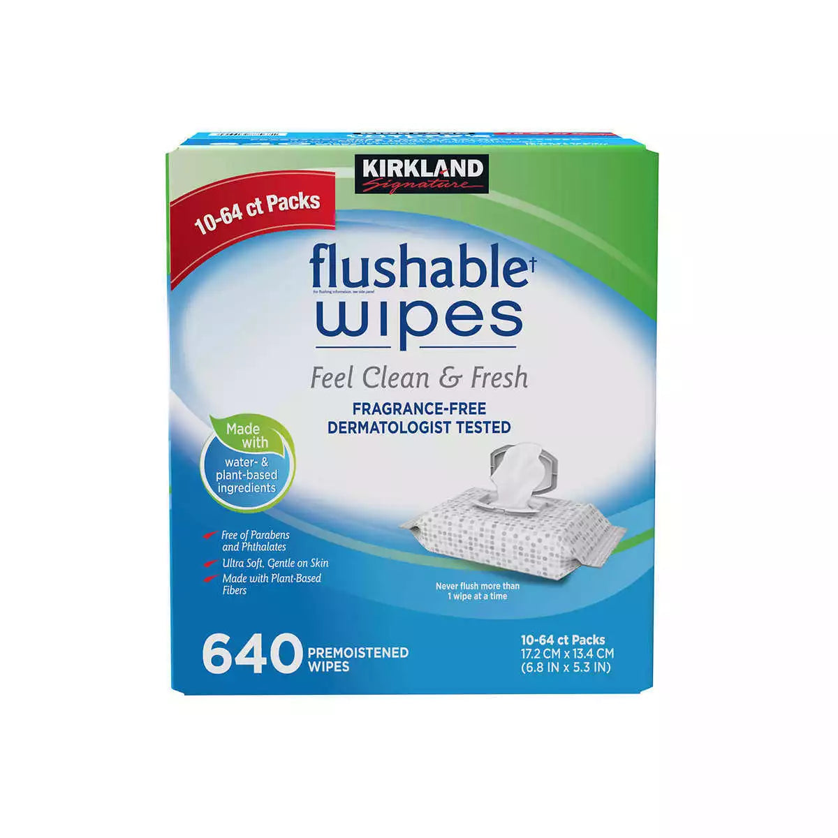 Kirkland Signature Flushable Wipes Feel Clean & Fresh 64ct/10units - 640ct/1pk