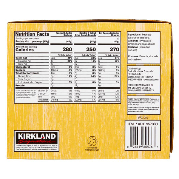 Kirkland Signature Snacking Nuts Variety Pack - 30ct/1pk<br><br>Product Details<br>- Snacking Nuts Variety Packs<br>- Variety pack: 10-Peanuts, 10-Almonds, 10-Cashews<br>- Perfect for on-the-go snacking<br>- Kosher (Circle U)<br>-1.6 oz pack<br>- 30 ct