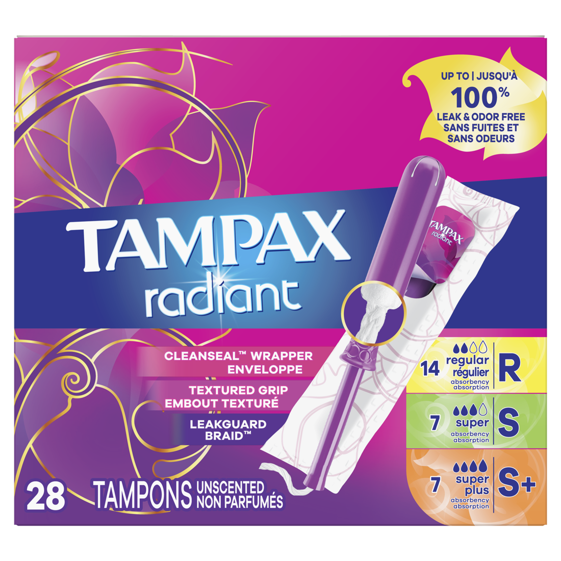 Tampax Radiant Tampons Multipack with LeakGuard Braid for Regular/Super/Super Plus Absorbency Unscented - 28ct/6pk