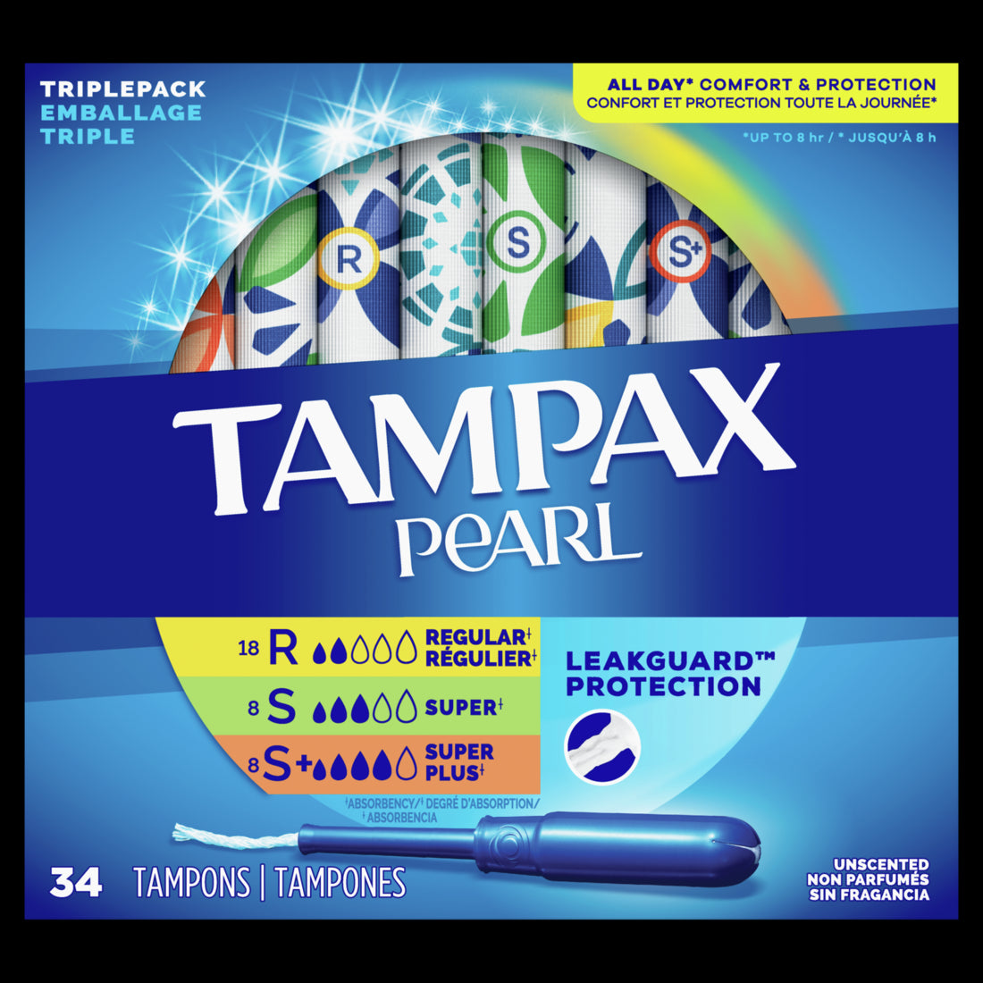 Tampax Pearl Tampons Trio Multipack Regular/Super/Super Plus Absorbency Unscented - 34ct/6pk