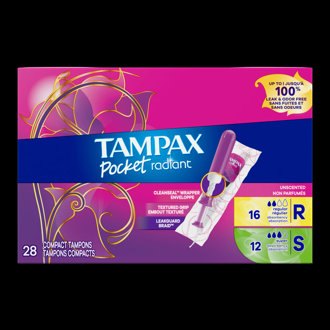 Tampax Pocket Radiant Compact Plastic Tampons Duo Pack Regular/Super -  28ct/12pk