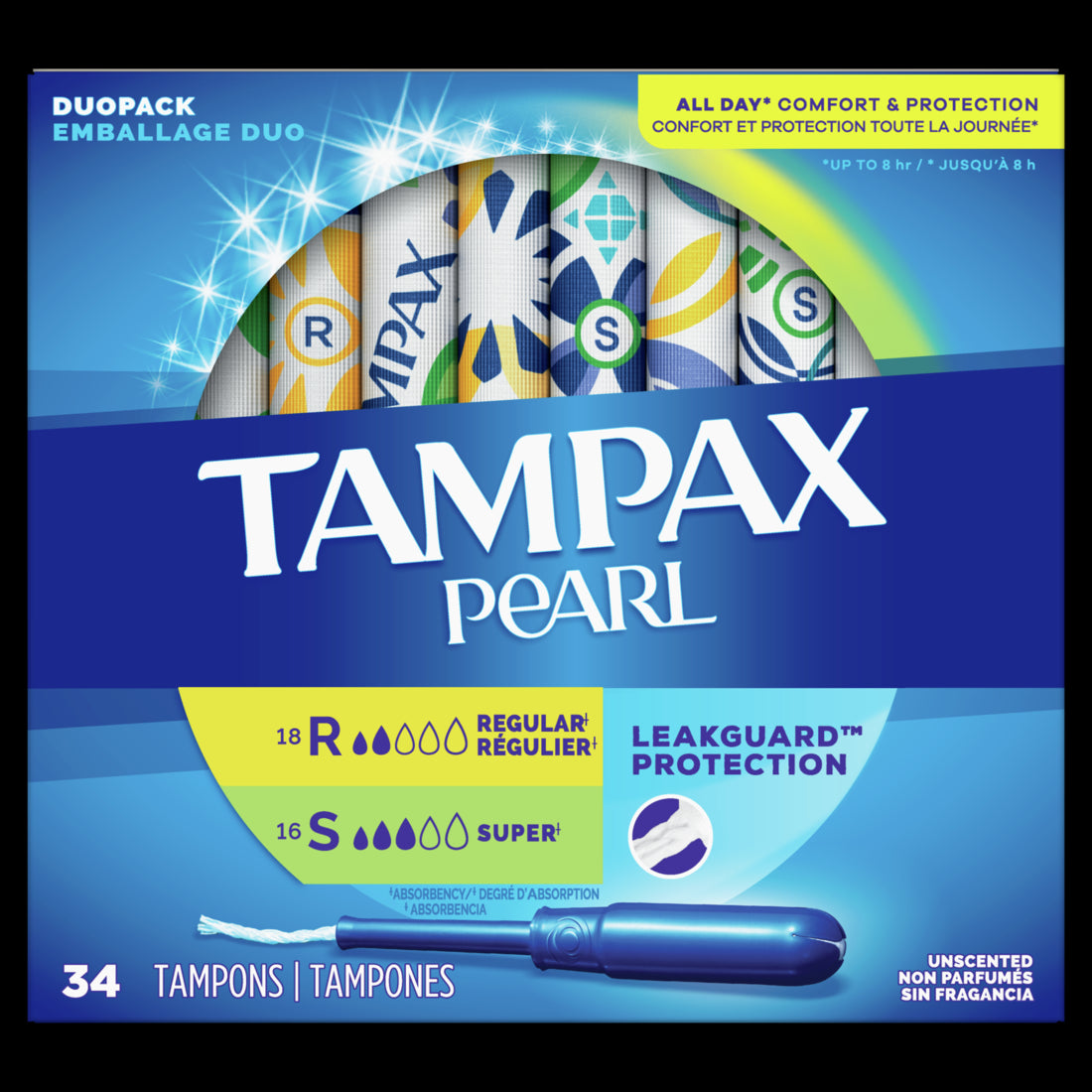 Tampax Pearl Tampons Duo Multipack  Regular/Super Absorbency Unscented - 34ct/6pk