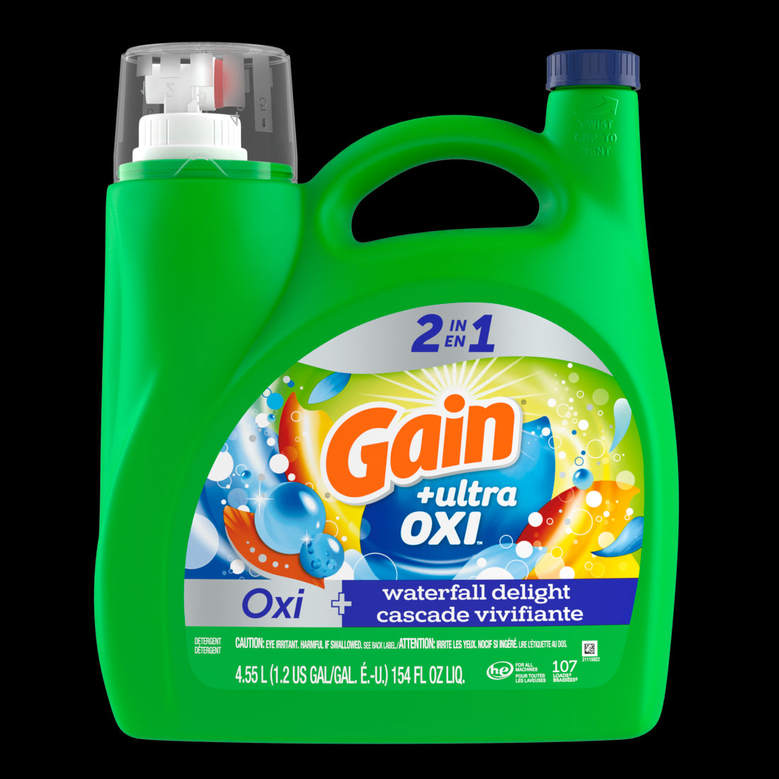 Gain Ultra Oxi Liquid Laundry Detergent Waterfall Delight Scent 107 Loads 2-in-1 HE Compatible - 154oz/4pk