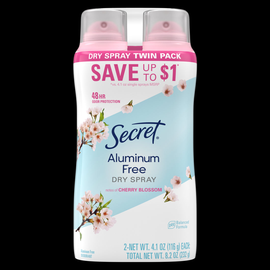 Secret Dry Spray Aluminum Free Deodorant for Women Cherry Blossom (2 Pack) - 4.1oz/6pk