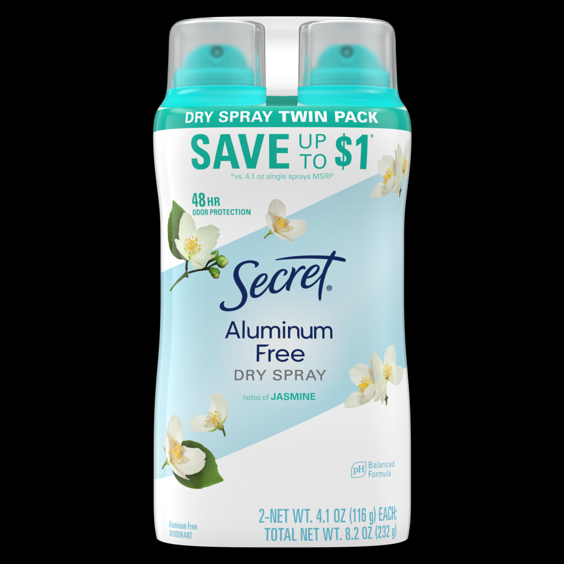 Secret Dry Spray Aluminum Free Deodorant for Women Midnight Jasmine (2 Pack) - 4.1oz/6pk