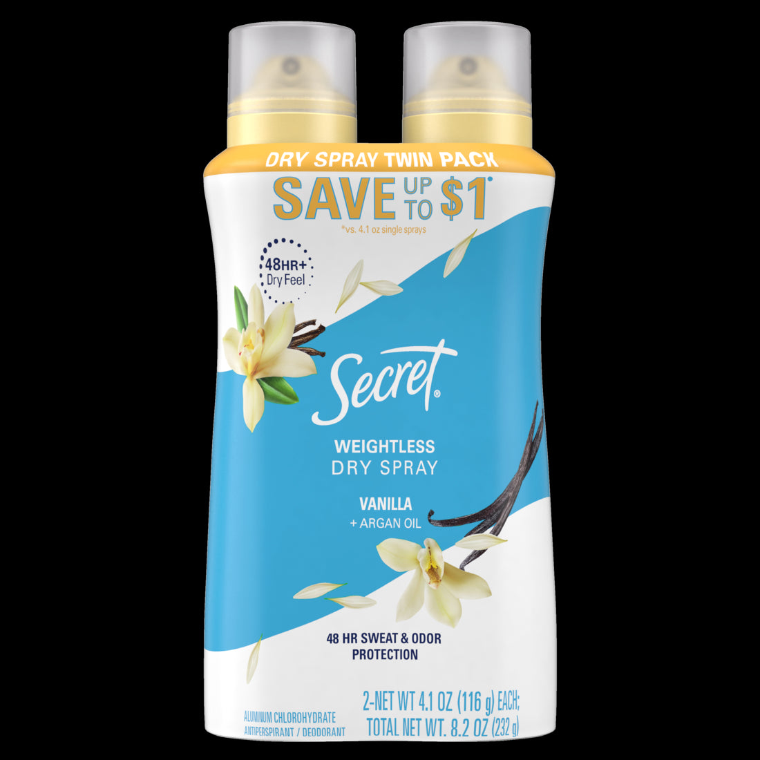 Secret Dry Spray Antiperspirant Deodorant Vanilla and Argan Oil Twin Pack - 4.1oz/6pk