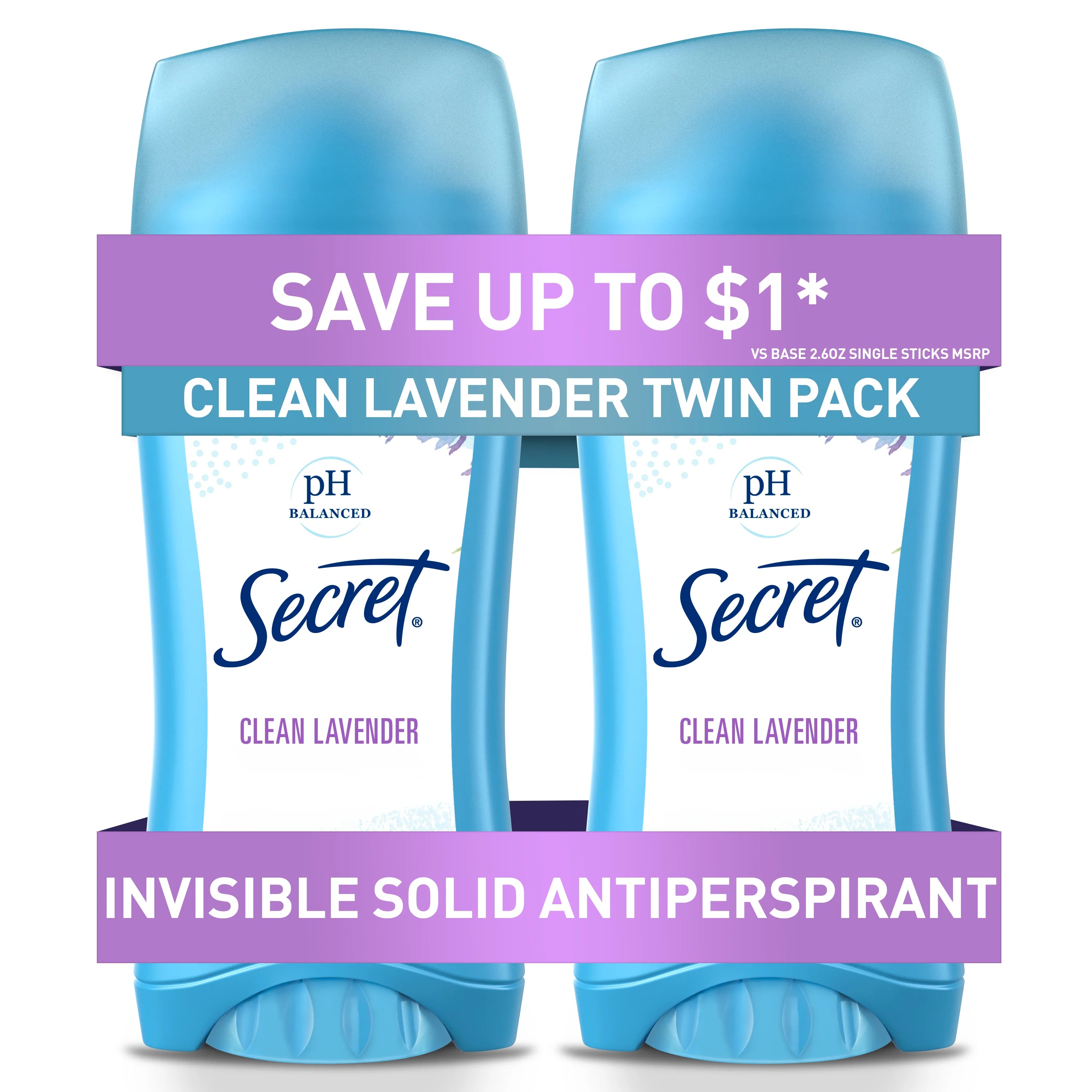 Secret Invisible Solid Antiperspirant and Deodorant Clean Lavender Twin Pack - 2.6oz/6pk