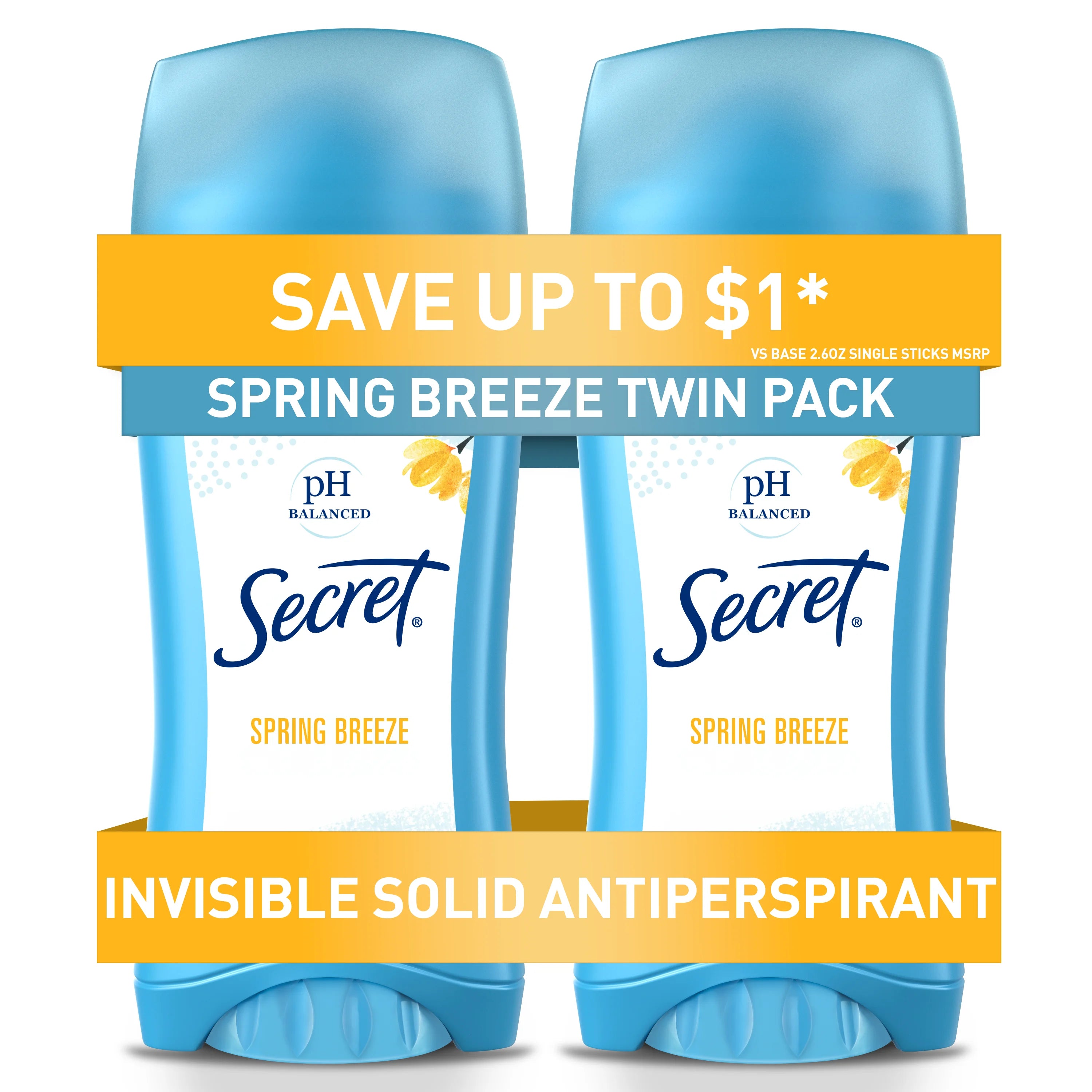 Secret Invisible Solid Antiperspirant and Deodorant Spring Breeze Twin Pack - 2.6oz/6pk