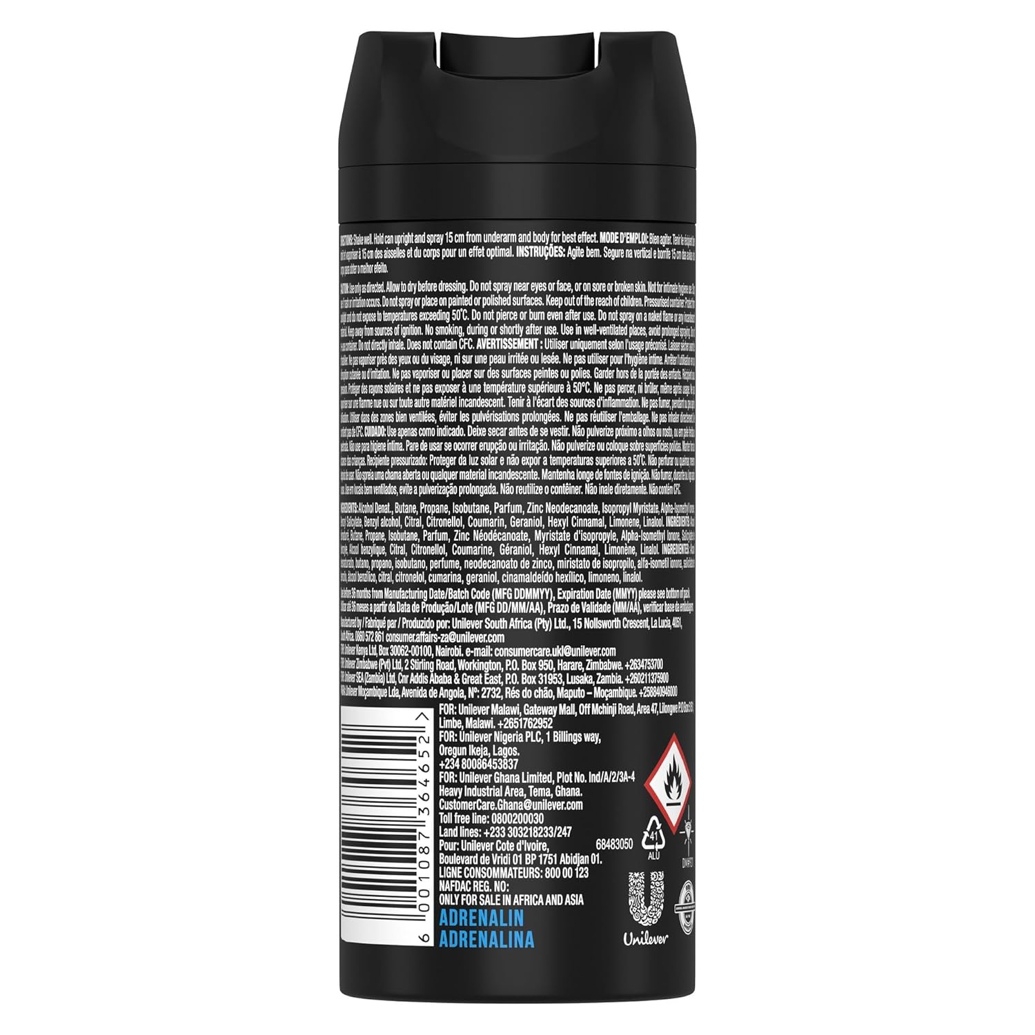 Axe Deodorant Spray (Sa) Adrenalin - 5.07oz(150ml)/6pk