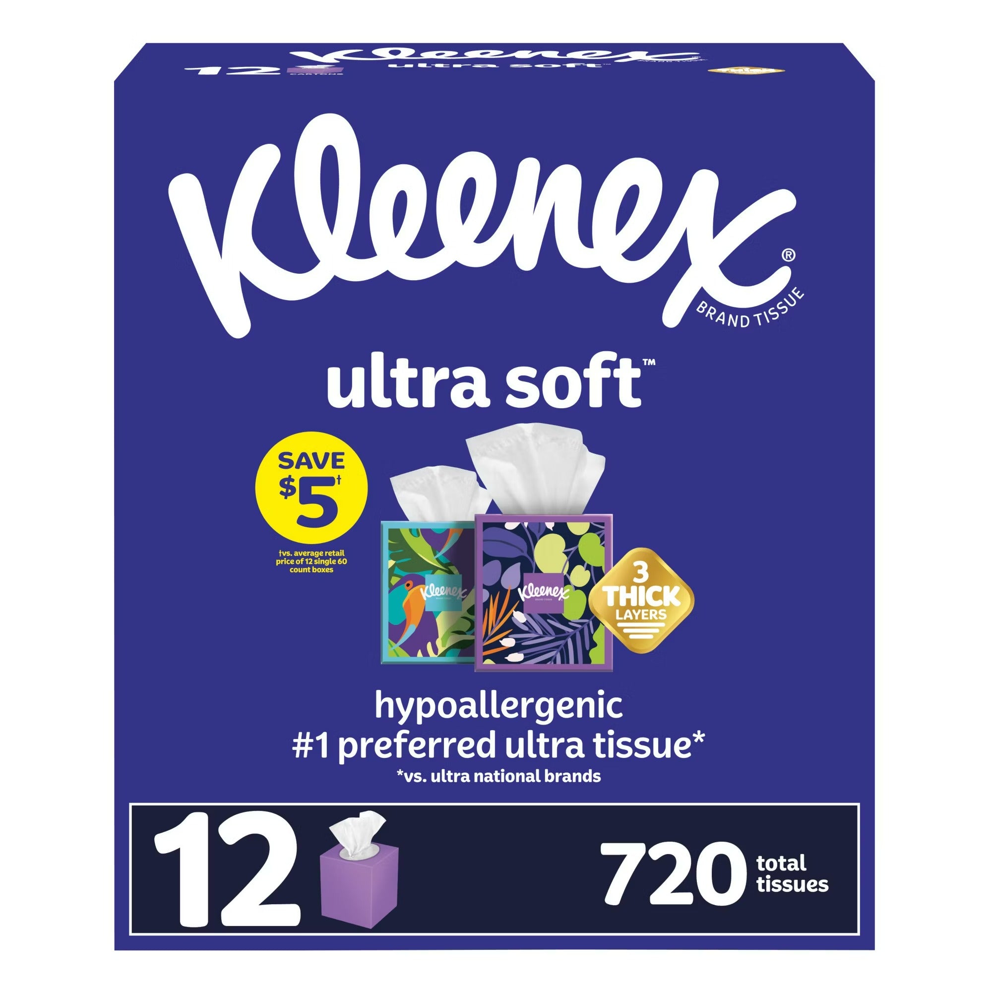 Kleenex Ultra Soft 3-Ply Facial Tissues - Cube Boxes 60ct/12pk