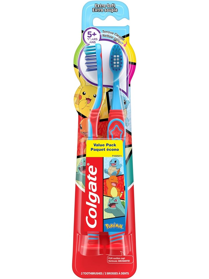 Colgate Extra Soft Toothbrush for Kids with Built-in Suction Cup Toothbrush Holder Designed for Children Ages 5 and Up Extra Soft Bristles Pokemon - 2ct/6pk