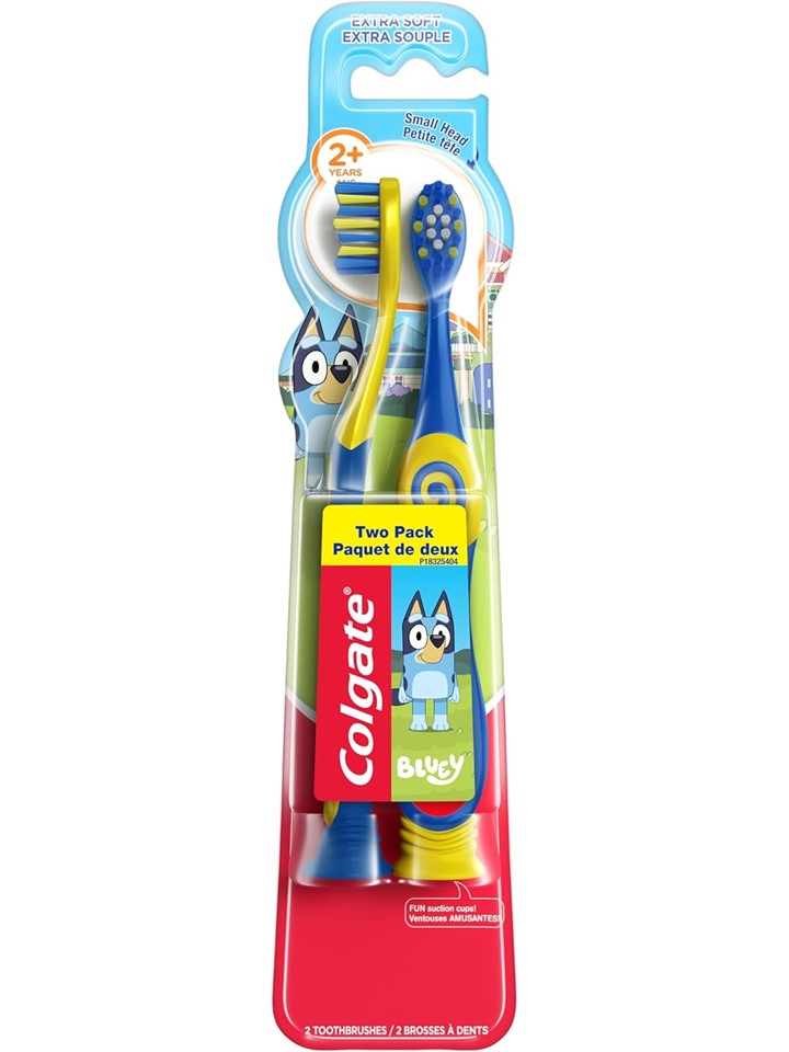 Colgate Extra Soft Toothbrush for Kids with Built-in Suction Cup Toothbrush Holder Designed for Children Ages 5 and Up Extra Soft Bristles Bluey - 2ct/6pk