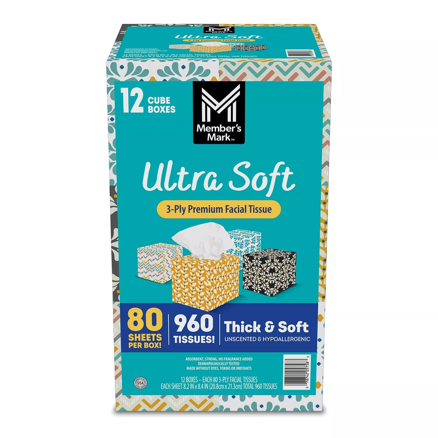 Member's Mark Ultra Soft Facial Tissue 3-Ply Tissues - 80ct/12pk