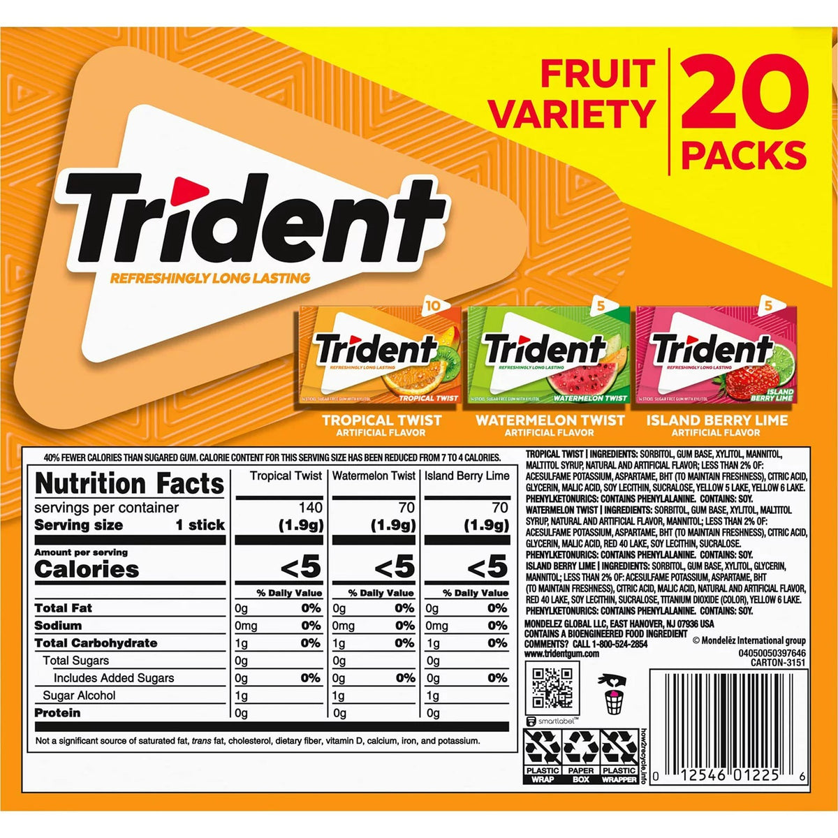 Trident Fruit Sugar Free Gum Variety Pack - 20ct/1pk