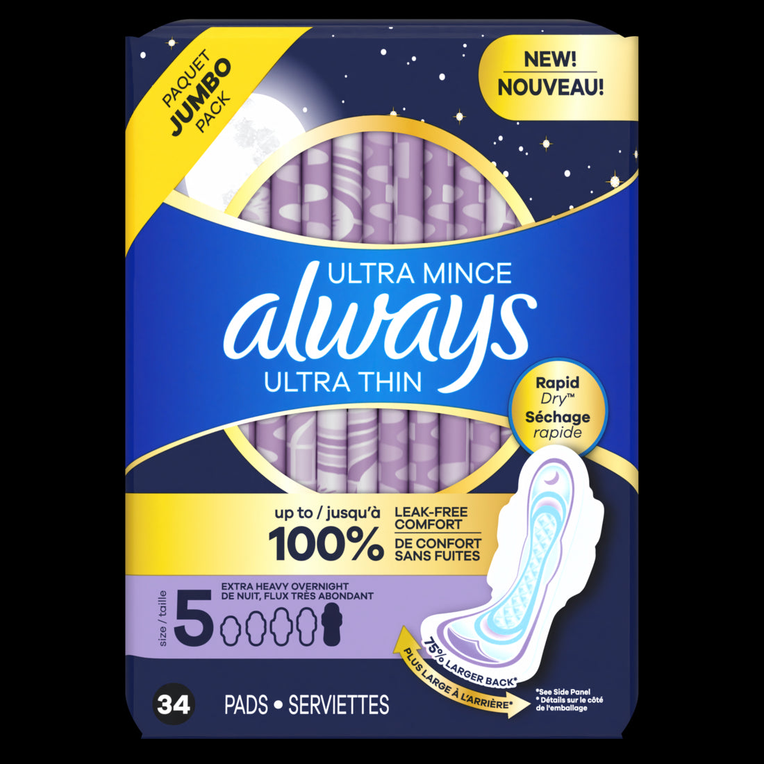 Always Ultra Thin Overnight Pads with Flexi-Wings, Size 5 Extra Heavy Overnight Unscented - 34ct/3pk