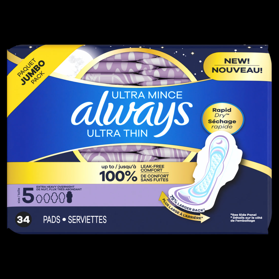 Always Ultra Thin Overnight Pads with Flexi-Wings, Size 5 Extra Heavy Overnight Unscented - 34ct/3pk