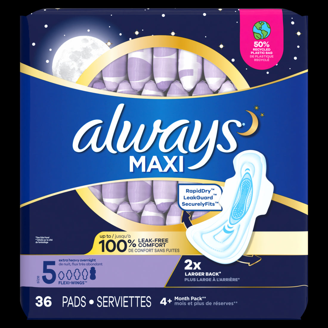 Always Maxi Overnight Pads with Wings for Women Size 5 Extra Heavy Overnight Absorbency Unscented - 36ct/3pk