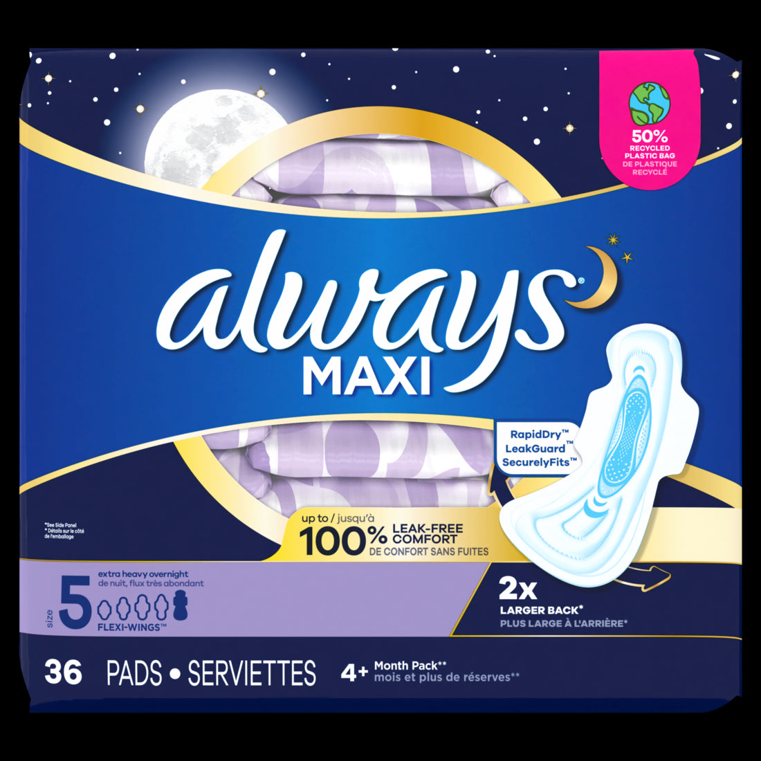 Always Maxi Overnight Pads with Wings for Women Size 5 Extra Heavy Overnight Absorbency Unscented - 36ct/3pk