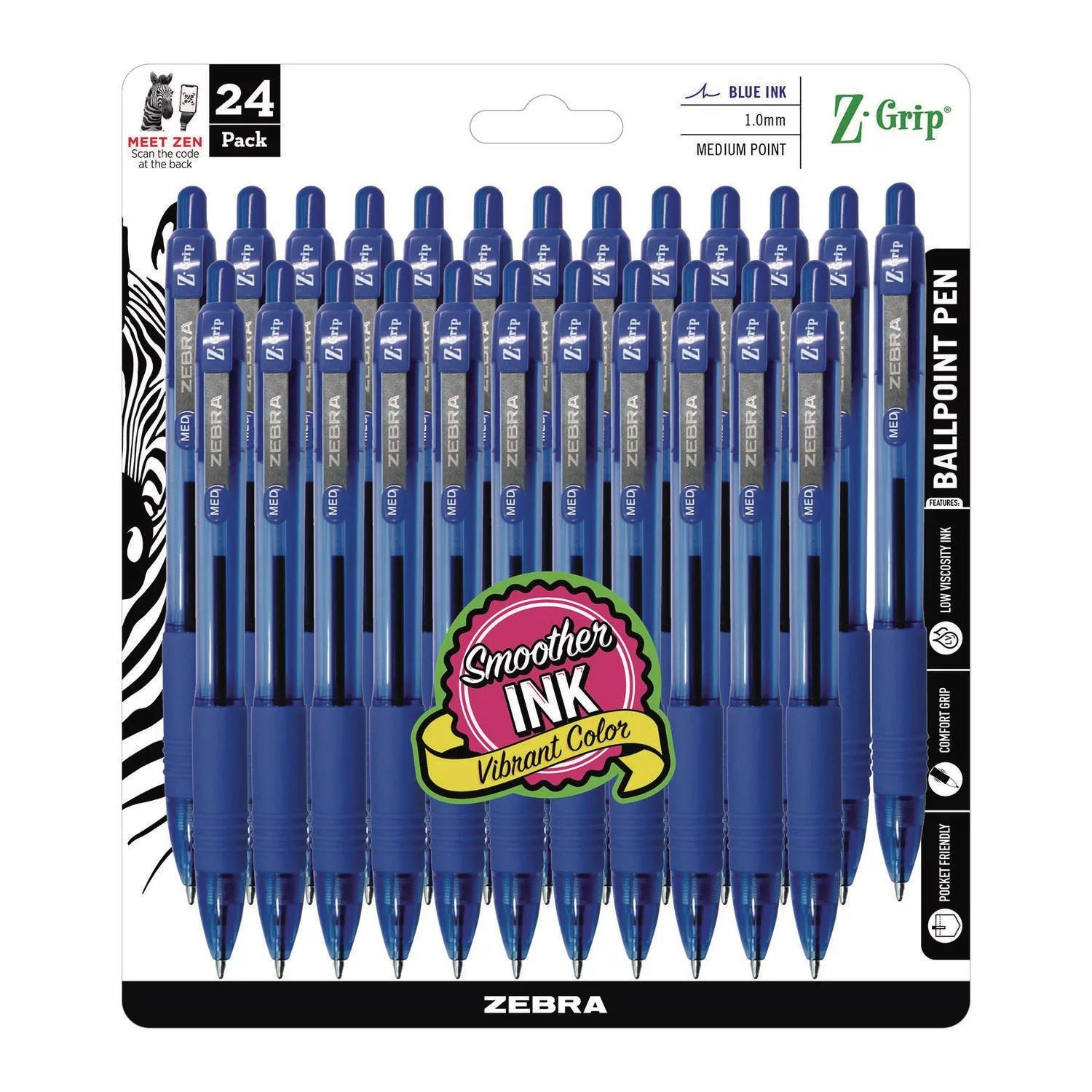 Zebra Z Grip Retractable Medium Ballpoint Pen Blue - 24ct/1pk