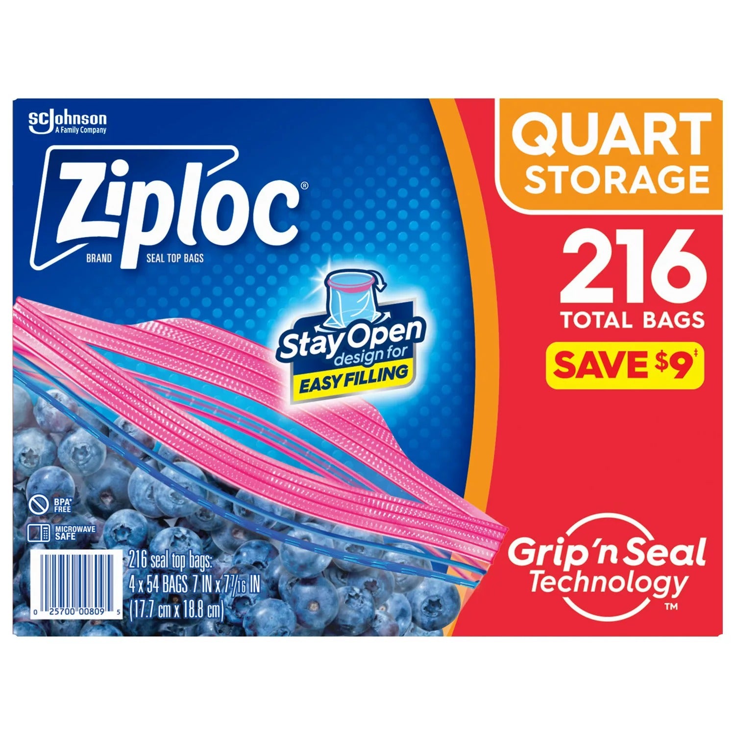 Ziploc Storage Quart Bags with New Stay Open Design - 216ct/1pk