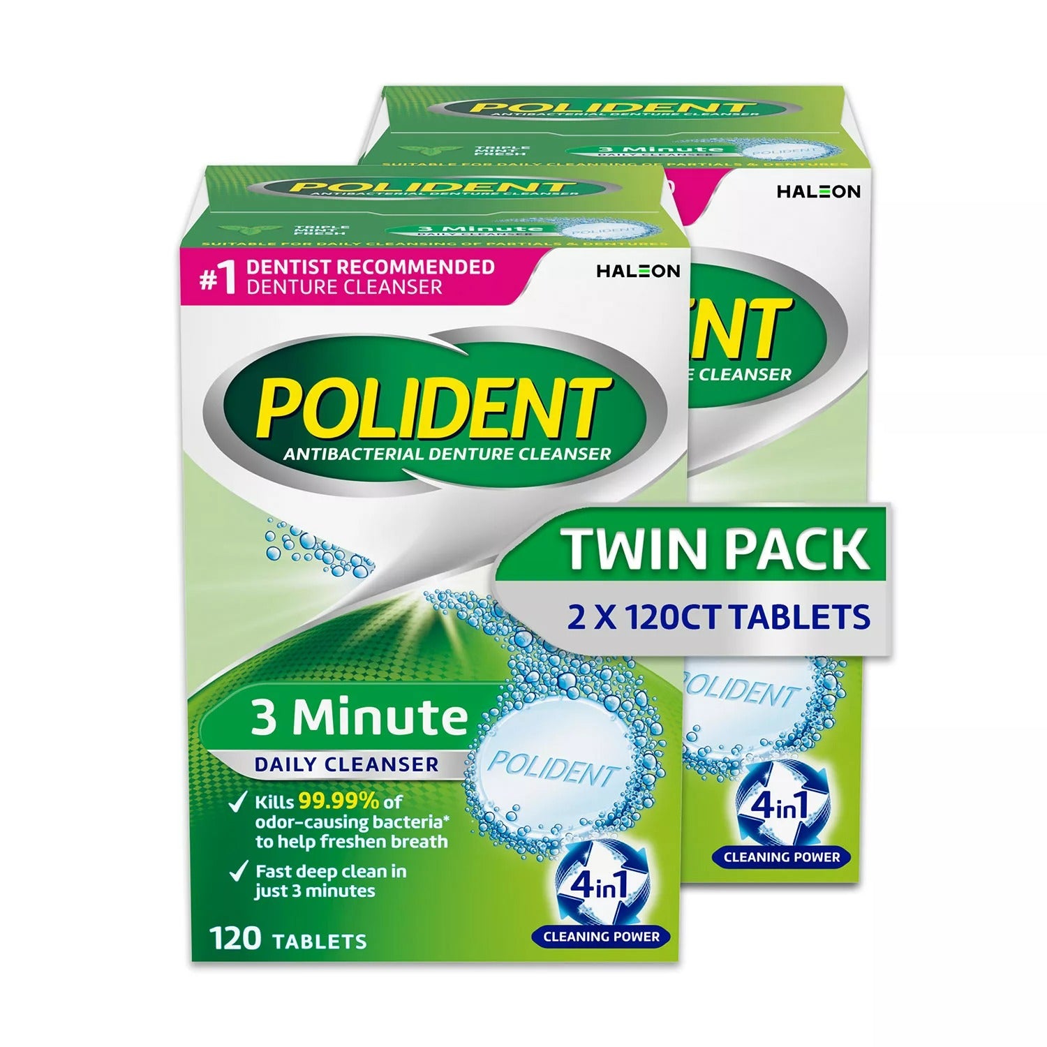 Polident 3-Minute Triple-Mint Antibacterial Denture Cleanser Effervescent Tablets - (2x120)ct/1pk