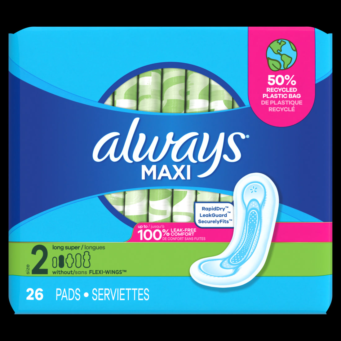 Always Maxi Daytime Pads with Wings Size 2 Super - 26ct/6pk