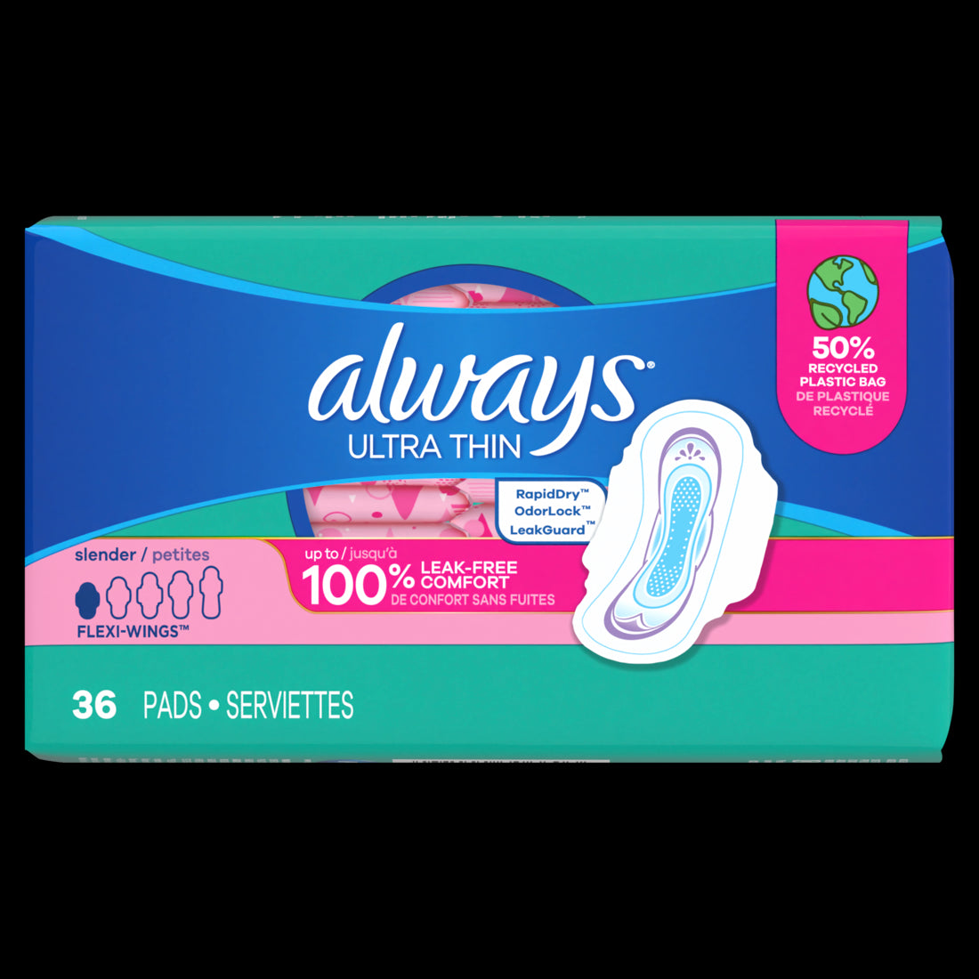 Always Ultra Thin Feminine Pads with Wings for Women Size 1 Slender Absorbency Unscented - 36ct/6pk