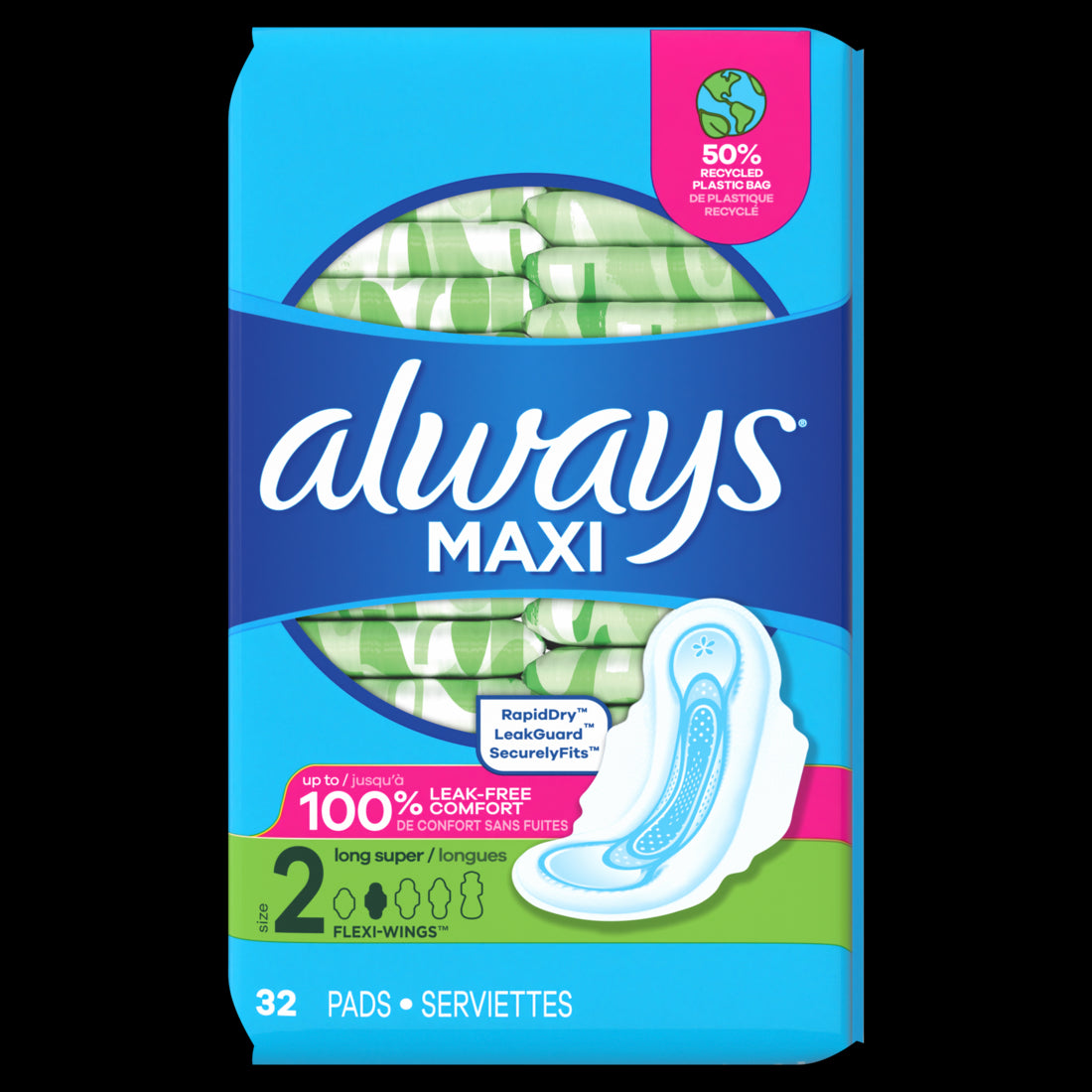 Always Maxi Size 2 Feminine Pads w/ Wings, Long, Super Absorbency  - 32ct/6pk