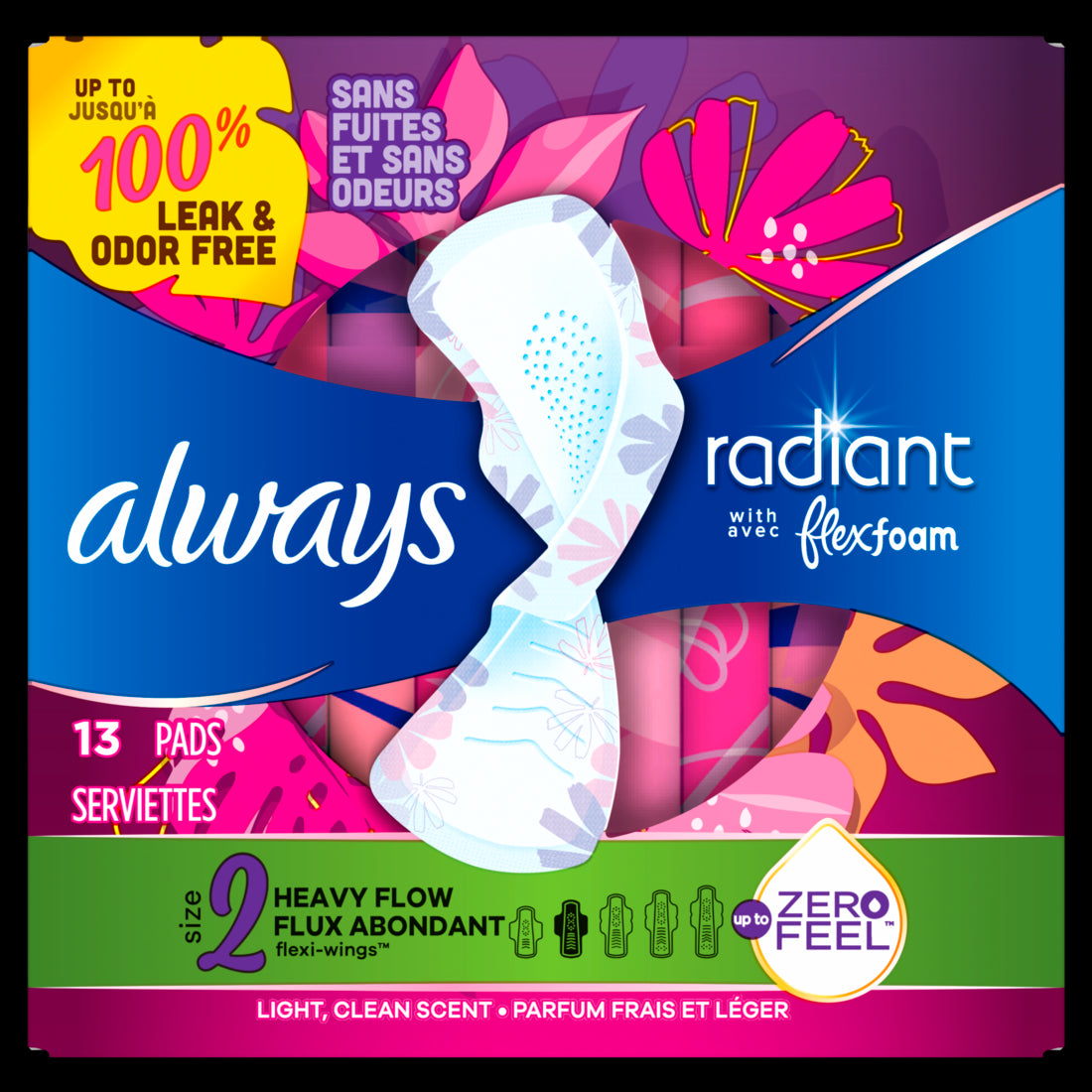 Always Radiant Feminine Pads for Women Size 2 Heavy with wings scented - 13ct/6pk