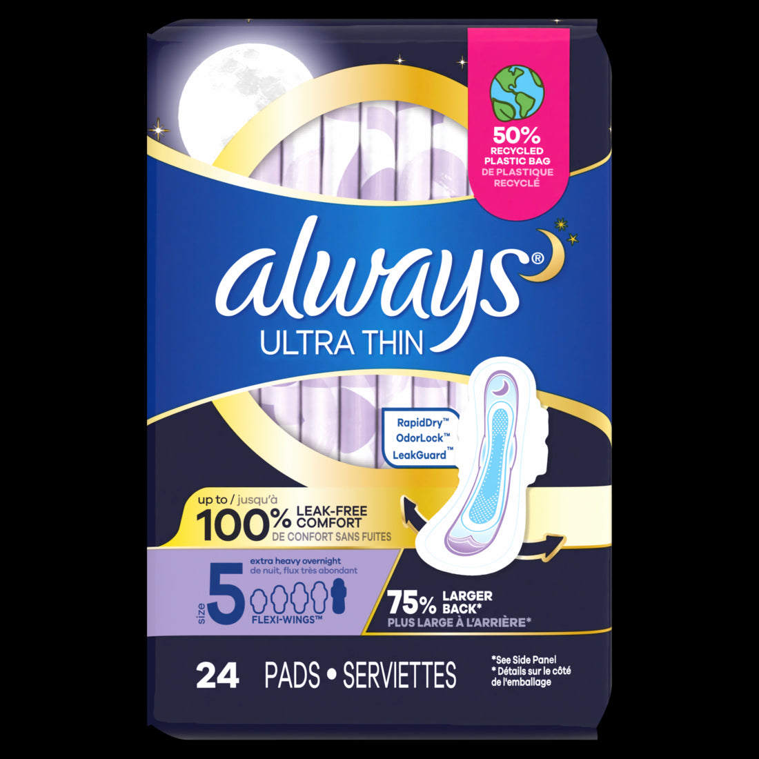 Always Ultra Thin Overnight Pads with Flexi-Wings Size 5 Extra Heavy Overnight Unscented - 24ct/3pk