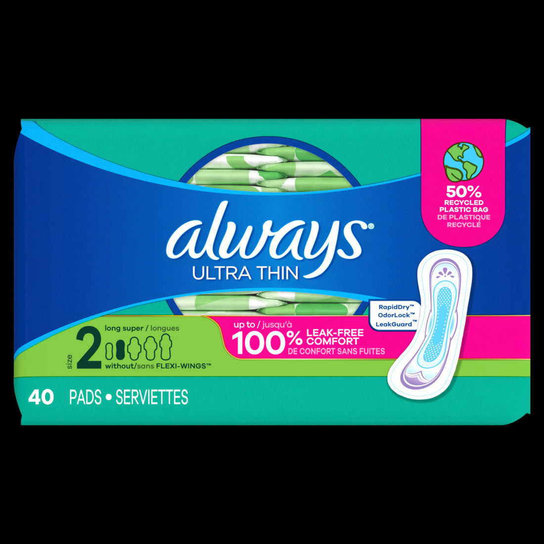 Always Ultra Thin Feminine Pads without Wings for Women Size 2 Long Super Absorbency Unscented - 40ct/3pk