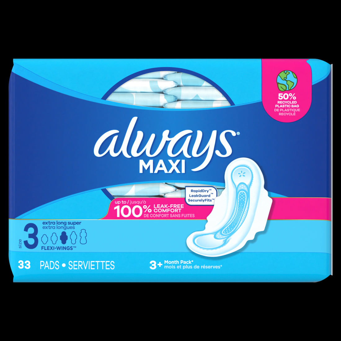 Always Maxi Feminine Pads with Wings for Women Size 3 Extra Long Super Absorbency Unscented - 33ct/3pk