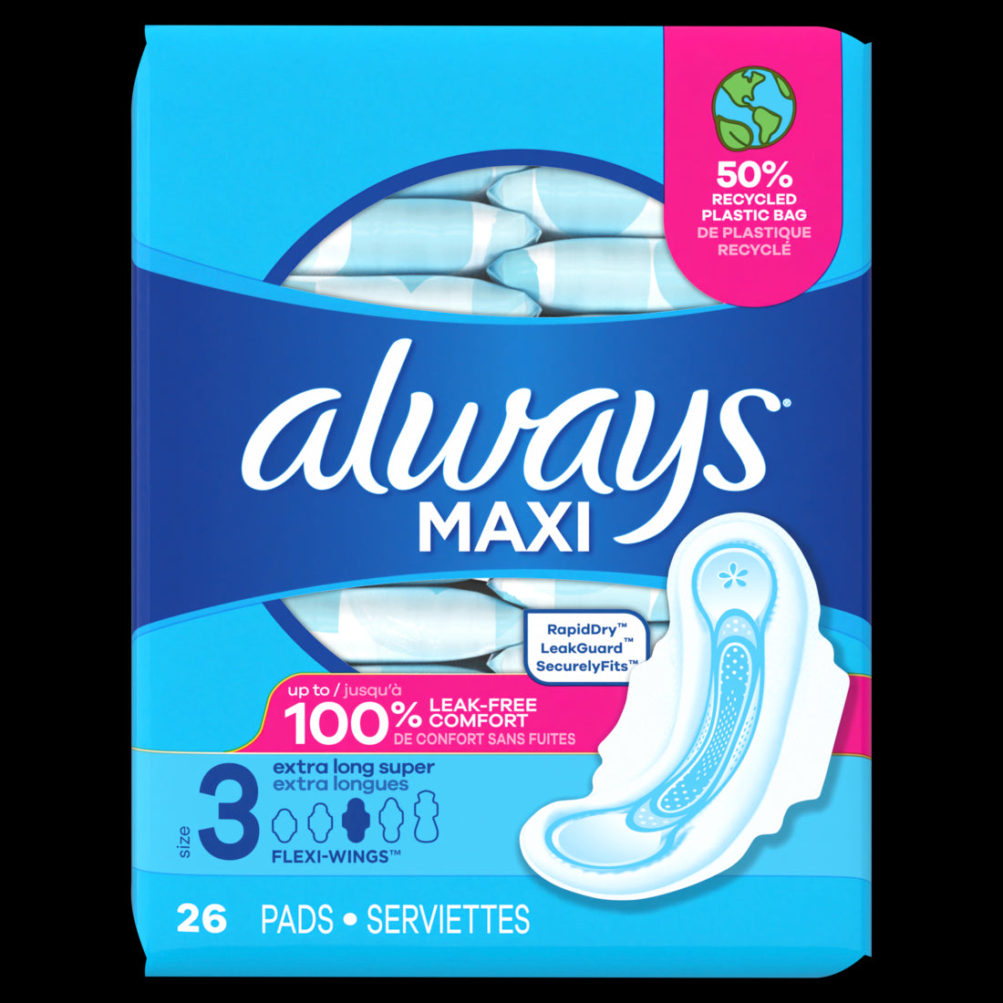 Always Maxi Feminine Pads with Wings for Women Size 3 Extra Long Super Absorbency Unscented - 26ct/6pk