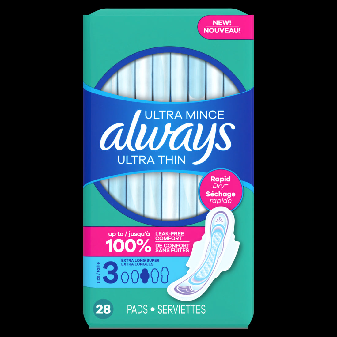 Always Ultra Thin Daytime Pads with Wings Size 3 Extra Heavy Long Unscented - 28 ct/3pk