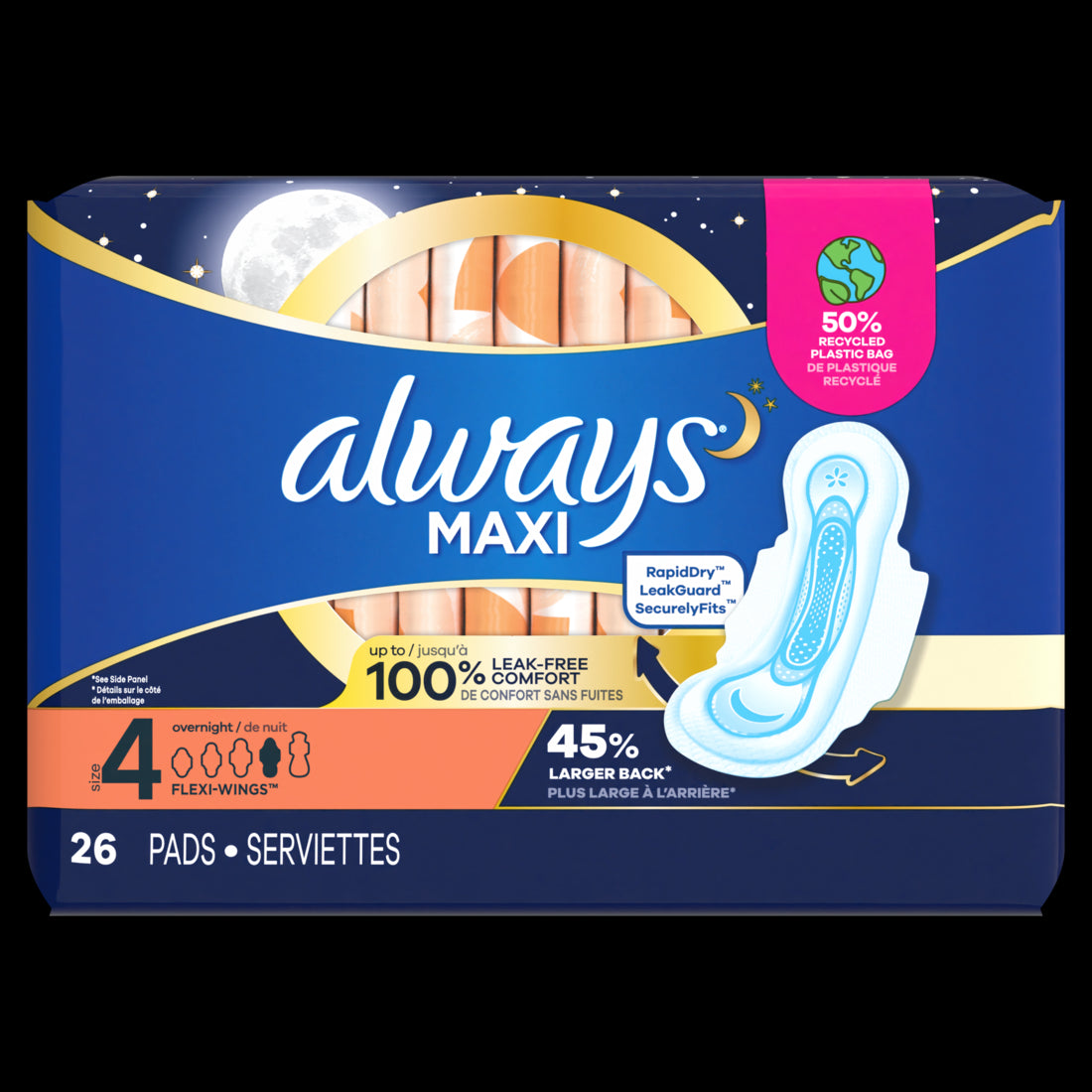 Always Maxi Pads Size 4 Overnight Absorbency Unscented- 26ct/6pk