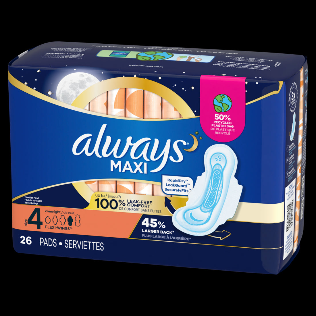 Always Maxi Pads Size 4 Overnight Absorbency Unscented- 26ct/6pk