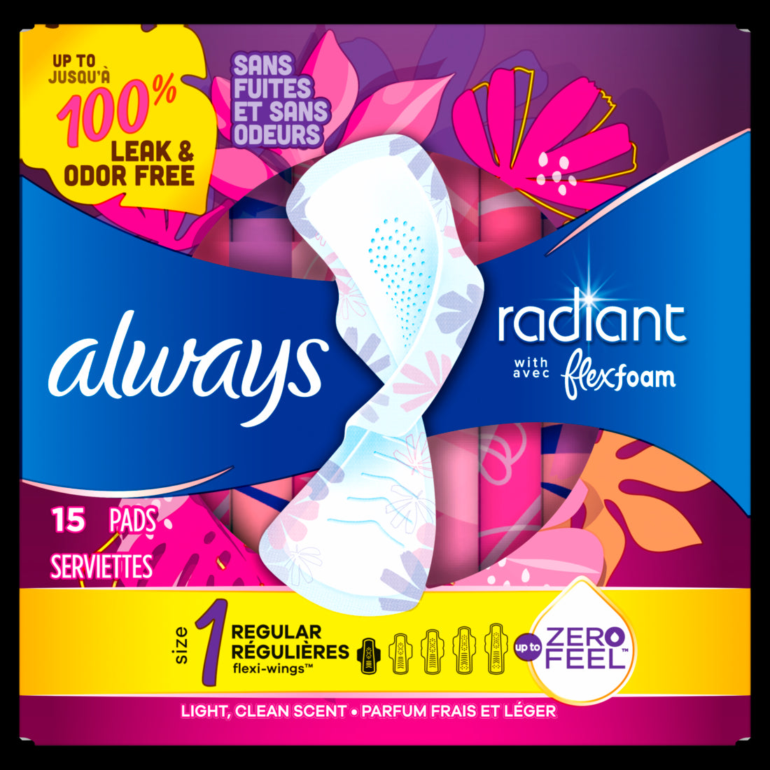 Always Radiant Flex Foam Regular Size 1 Light Clean Scent w/Wings - 15ct/12pk