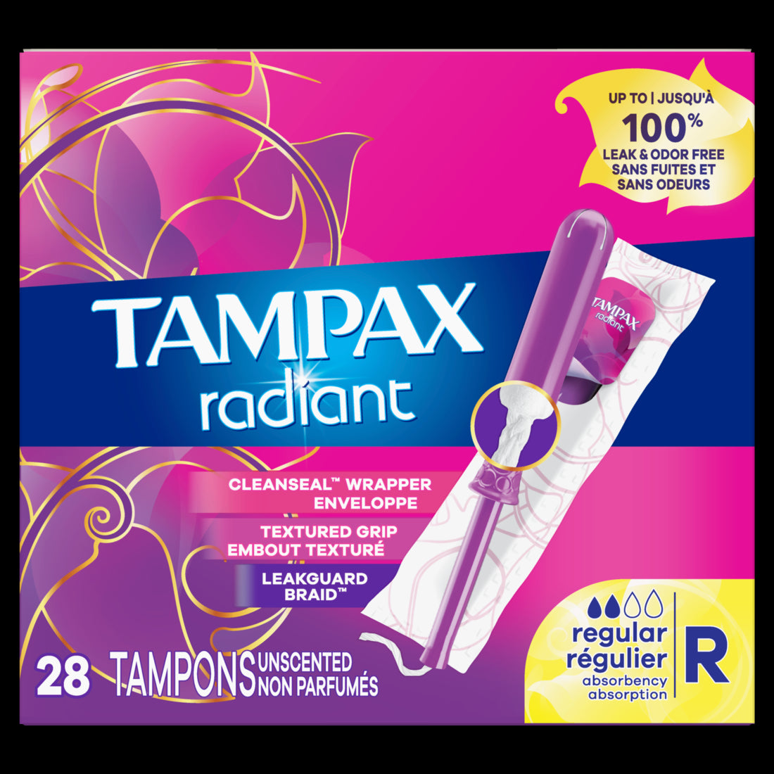 Tampax Radiant Tampons with LeakGuard Braid Regular Absorbency Unscented - 28ct/6pk