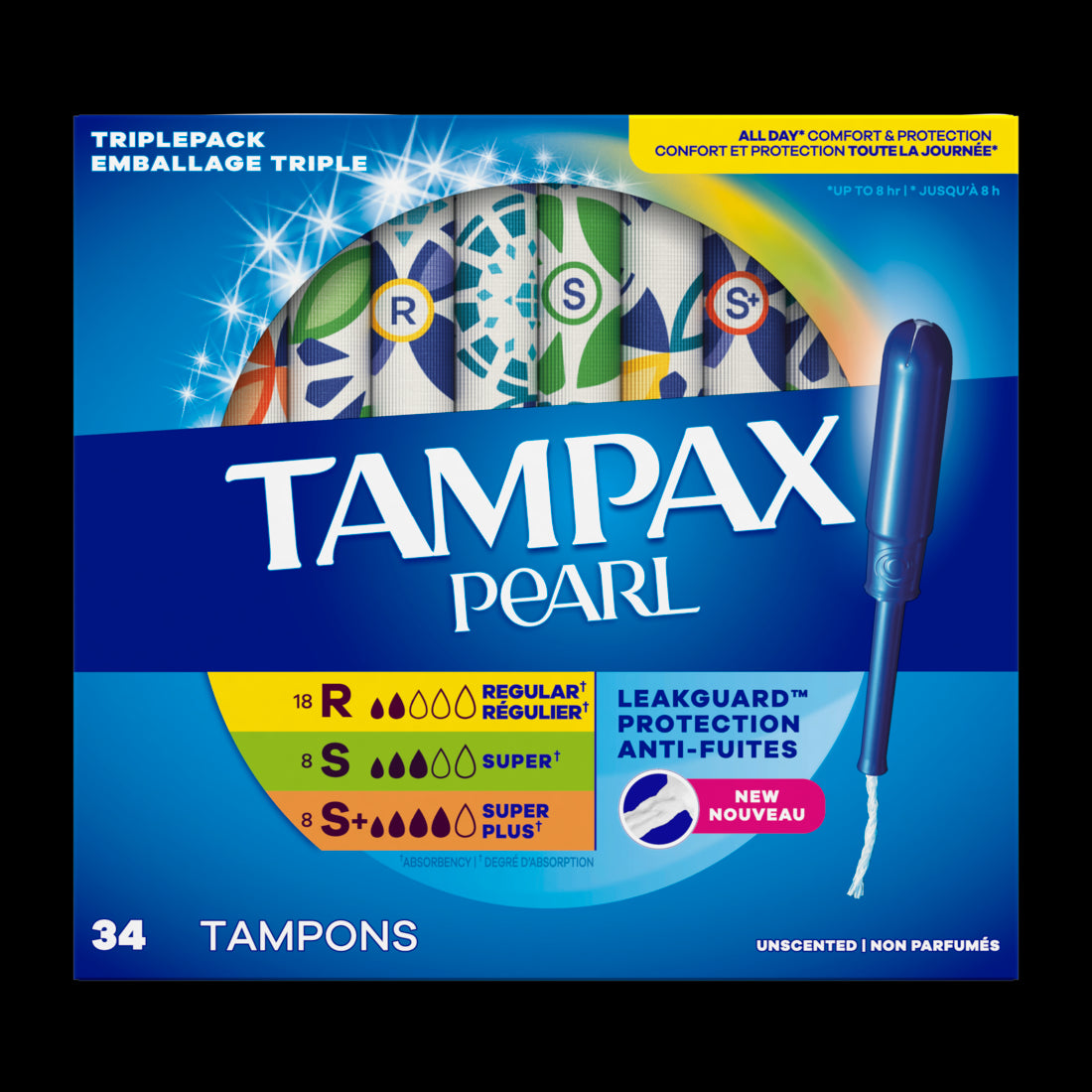 Tampax Pearl Tampons Trio Multipack Regular/Super/Super Plus Absorbency Unscented - 34ct/6pk